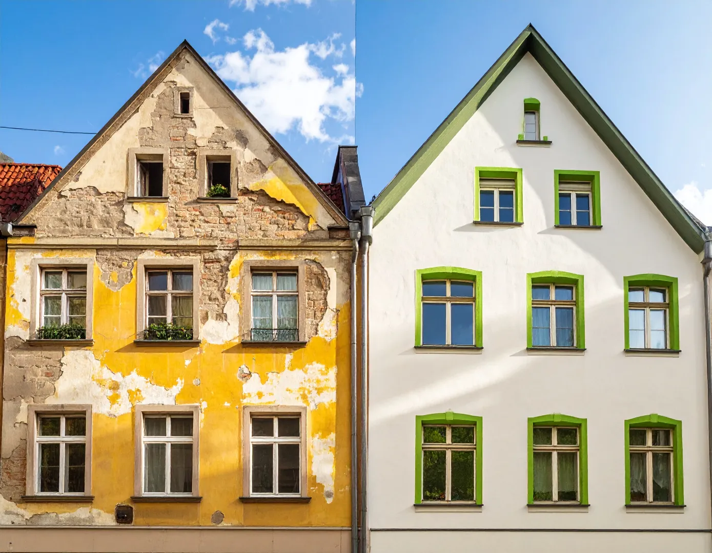 Darstellung eines renovierten Altbaus und wie es renoviert aussieht.