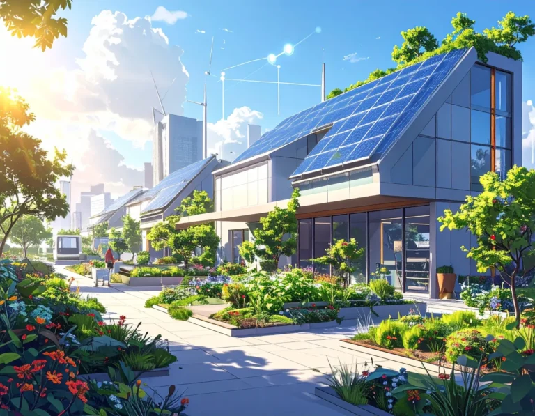 Darstellung eines modernen Gebäudekomplexes mit sichtbaren Symbolen für nachhaltige Energie