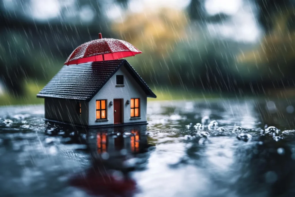 Haus im Regen mit einem Regenschirm darüber